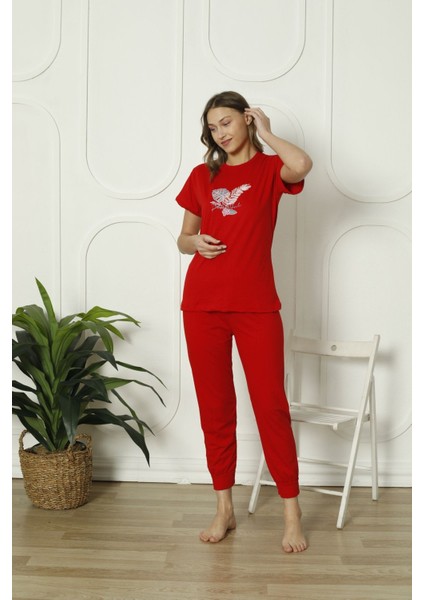 Hayır Yazlık Kadın Pamuk Pijama Takım Basic Sıfır Yaka Kırmızı Süprem Uzun %100 Pamuk Homewear Düz