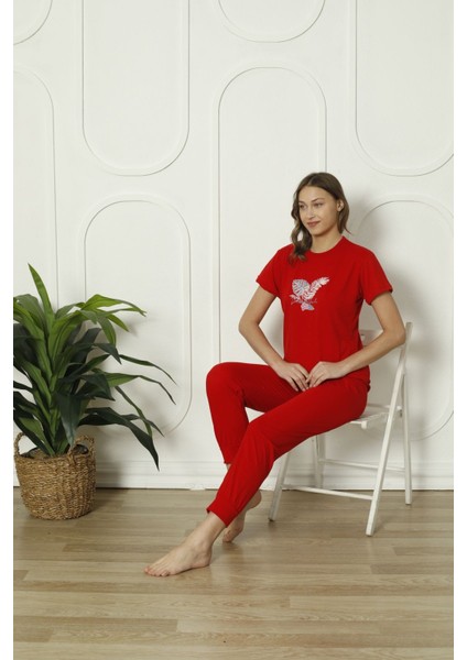 Hayır Yazlık Kadın Pamuk Pijama Takım Basic Sıfır Yaka Kırmızı Süprem Uzun %100 Pamuk Homewear Düz