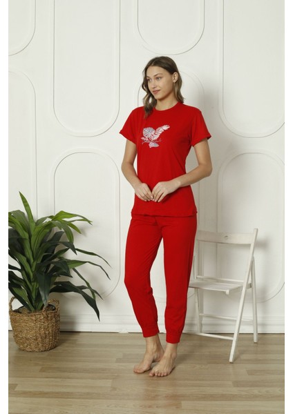 Hayır Yazlık Kadın Pamuk Pijama Takım Basic Sıfır Yaka Kırmızı Süprem Uzun %100 Pamuk Homewear Düz