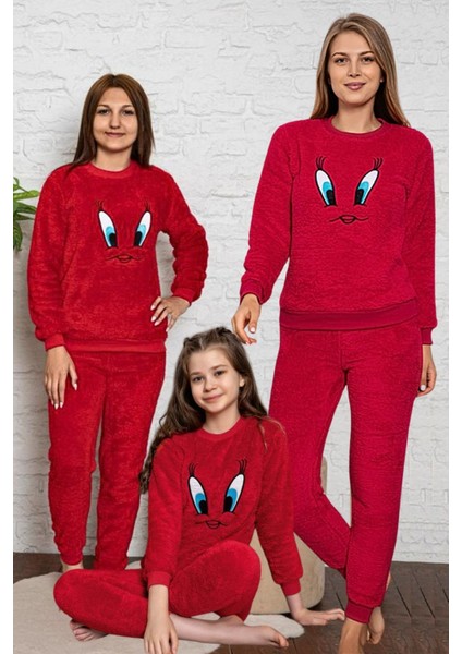 Aplike Nakış Civciv Desenli Anne Kız Çocuk Kombin Peluş Pijama Takımı (Anne Kız Ayrı Satılır.) Regu