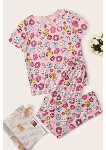 Polyester Kısa Kollu Alt Uzun Donut Baskılı Pijama Takımı Kırmızı Regular 2 Parça Hayır Regular Ask
