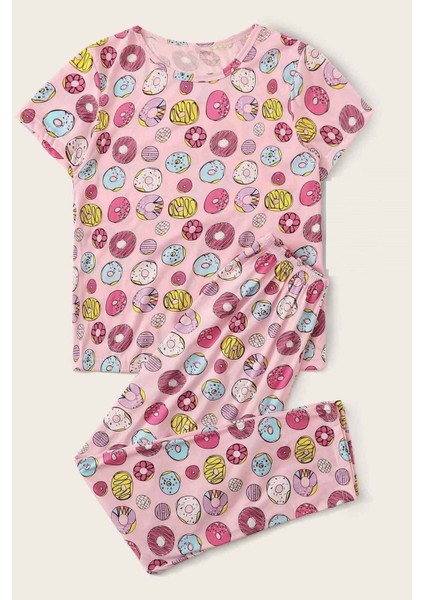 Polyester Kısa Kollu Alt Uzun Donut Baskılı Pijama Takımı Kırmızı Regular 2 Parça Hayır Regular Ask