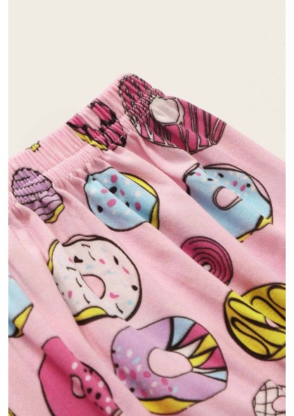 Polyester Kısa Kollu Alt Uzun Donut Baskılı Pijama Takımı Kırmızı Regular 2 Parça Hayır Regular Ask