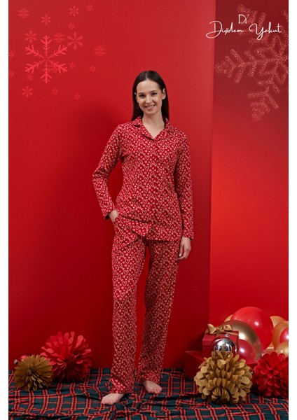 Düz Kadın - Kalp Desenli Kırmızı Yılbaşı Pijama Takımı Uzun Kırmızı Örme Regular Hayır Uzun Basic