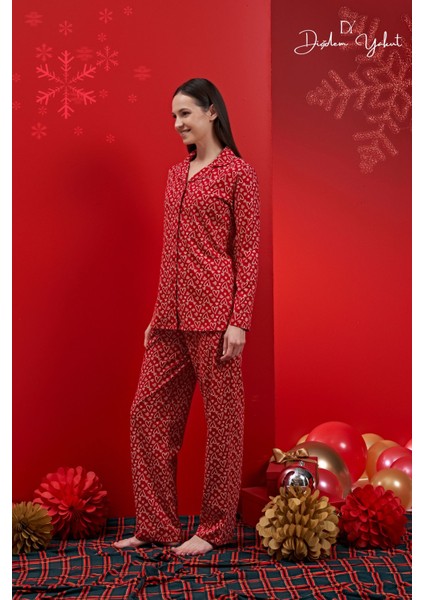 Düz Kadın - Kalp Desenli Kırmızı Yılbaşı Pijama Takımı Uzun Kırmızı Örme Regular Hayır Uzun Basic