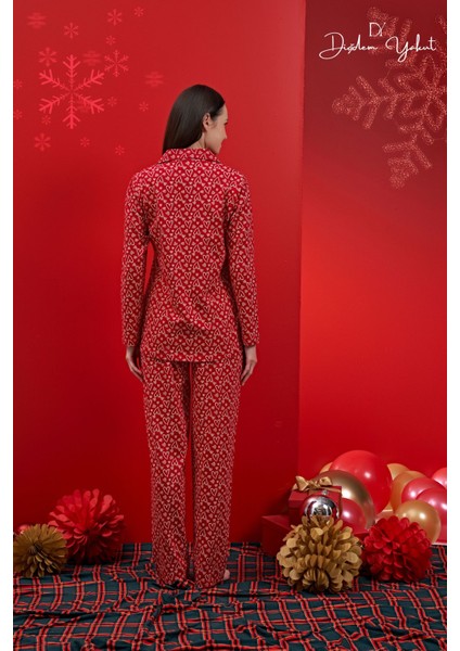 Düz Kadın - Kalp Desenli Kırmızı Yılbaşı Pijama Takımı Uzun Kırmızı Örme Regular Hayır Uzun Basic