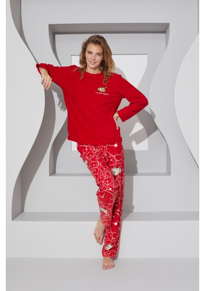 Uzun Kırmızı Nakışlı Alt-Üst Polar Pijama Takım 24223079 Basic T09 Polar Normal Bel Kırmızı Düz Örm