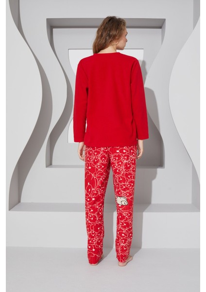 Uzun Kırmızı Nakışlı Alt-Üst Polar Pijama Takım 24223079 Basic T09 Polar Normal Bel Kırmızı Düz Örm
