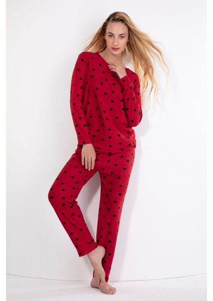 Dar Paça 206 Bisiklet Yaka Süet Kalpli Kadın Pijama Takımı Noel Dokuma 2 Parça Uzun Kadife Ipliği B