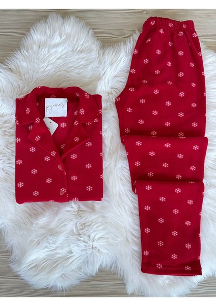 Düz Paça Kırmızı Kar Tanesi Desenli Önden Düğmeli Polar Pijama Takımı Homewear Gömlek Yaka 2'li Nor