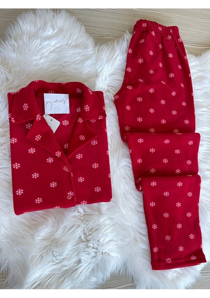 Düz Paça Kırmızı Kar Tanesi Desenli Önden Düğmeli Polar Pijama Takımı Homewear Gömlek Yaka 2'li Nor fiyatları