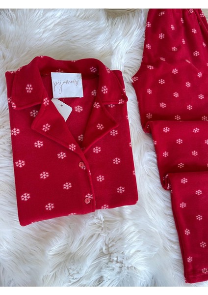 Düz Paça Kırmızı Kar Tanesi Desenli Önden Düğmeli Polar Pijama Takımı Homewear Gömlek Yaka 2'li Nor modelleri