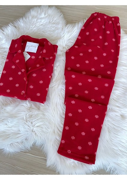 Düz Paça Kırmızı Kar Tanesi Desenli Önden Düğmeli Polar Pijama Takımı Homewear Gömlek Yaka 2'li Nor fırsatları