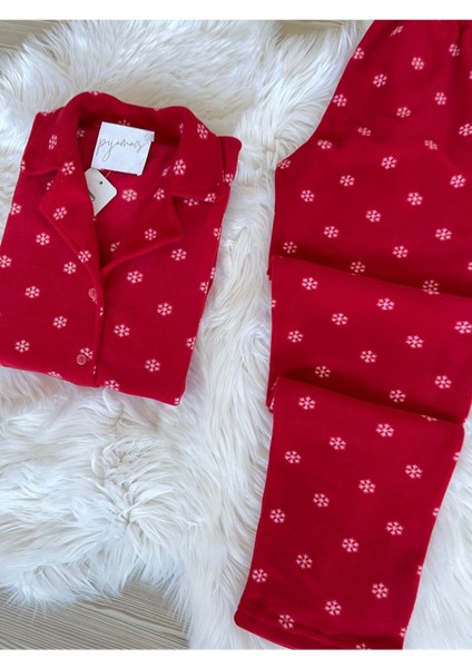 Düz Paça Kırmızı Kar Tanesi Desenli Önden Düğmeli Polar Pijama Takımı Homewear Gömlek Yaka 2'li Nor indirimleri