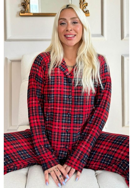 Düğmeli Piti Kareli Desenli Önden Düğmeli Uzun Kollu Kadife Pijama Takımı Basic Uzun Hayır Tüm Yaş