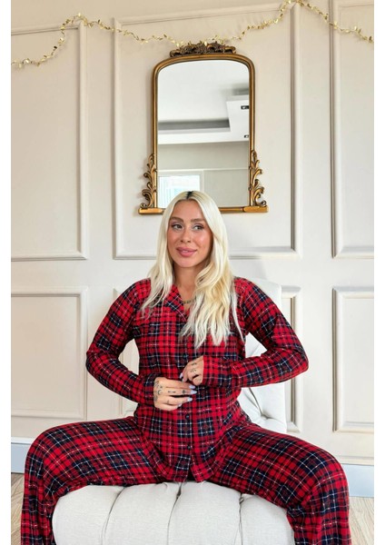 Düğmeli Piti Kareli Desenli Önden Düğmeli Uzun Kollu Kadife Pijama Takımı Basic Uzun Hayır Tüm Yaş fiyatları