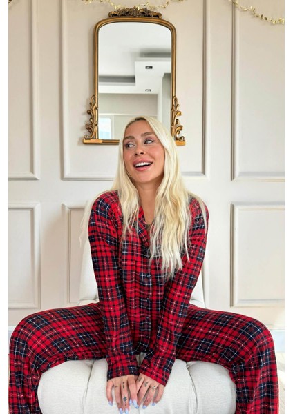 Düğmeli Piti Kareli Desenli Önden Düğmeli Uzun Kollu Kadife Pijama Takımı Basic Uzun Hayır Tüm Yaş fırsatları