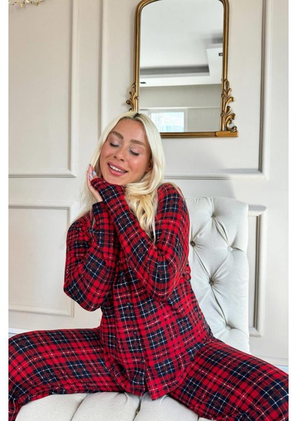 Düğmeli Piti Kareli Desenli Önden Düğmeli Uzun Kollu Kadife Pijama Takımı Basic Uzun Hayır Tüm Yaş indirimleri