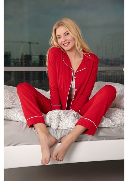 Normal Bel Kadın Kırmızı Pamuklu Likralı Biyeli Pijama Takımı - Kırmızı 95% Pamuk, 5% Likra Evet 2