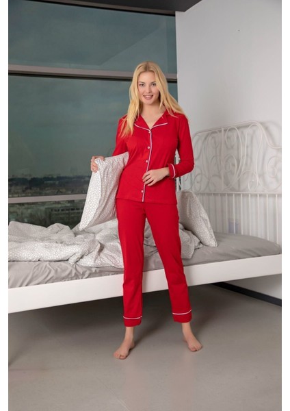 Normal Bel Kadın Kırmızı Pamuklu Likralı Biyeli Pijama Takımı - Kırmızı 95% Pamuk, 5% Likra Evet 2 fiyatları