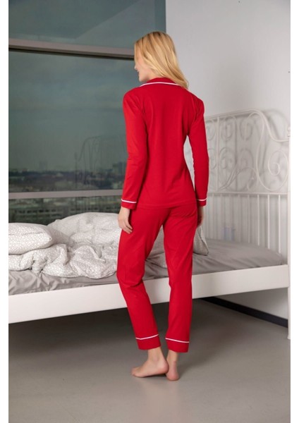 Normal Bel Kadın Kırmızı Pamuklu Likralı Biyeli Pijama Takımı - Kırmızı 95% Pamuk, 5% Likra Evet 2 modelleri