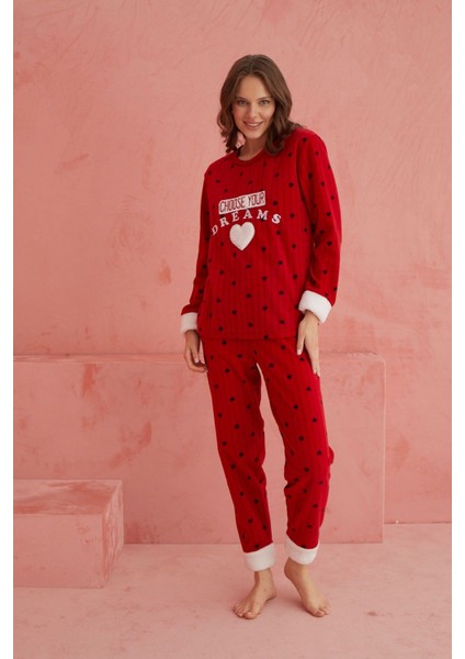 Uzun Kırmızı Dreams Kalp Desenli Bisiklet Yaka Peluş Polar Pijama Takım Lastikli Yumoş Homewear Bor fiyatları