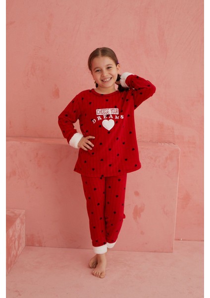 Uzun Kırmızı Dreams Kalp Desenli Bisiklet Yaka Peluş Polar Pijama Takım Lastikli Yumoş Homewear Bor modelleri