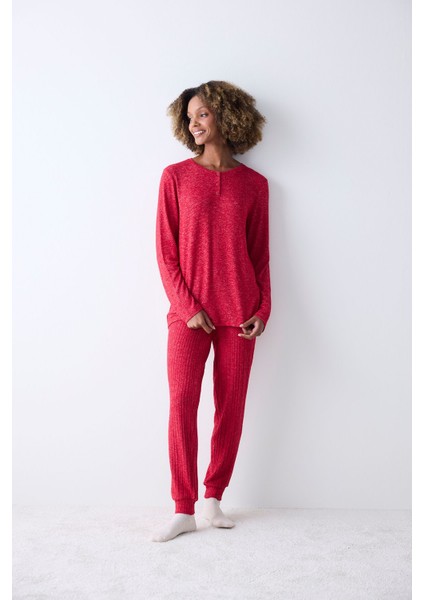 Hırka-Jogger Bloom Soft Kırmızı Pantolon Pijama Takımı Kısa Düz Paça Homewear Tam Boy V Yaka Regula