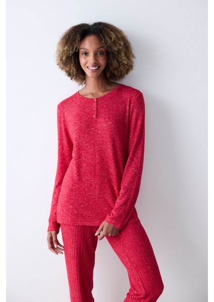 Hırka-Jogger Bloom Soft Kırmızı Pantolon Pijama Takımı Kısa Düz Paça Homewear Tam Boy V Yaka Regula