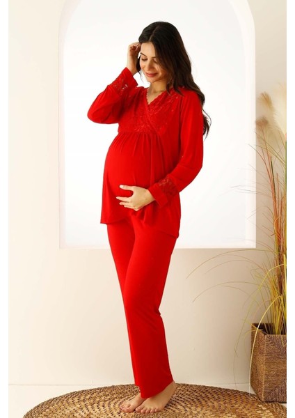 Regular Kırmızı Dantelli Hamile Lohusa Pijama Takımı 2727UY Klasik Uzun Kırmızı Uzun Type 1 Düz Vis