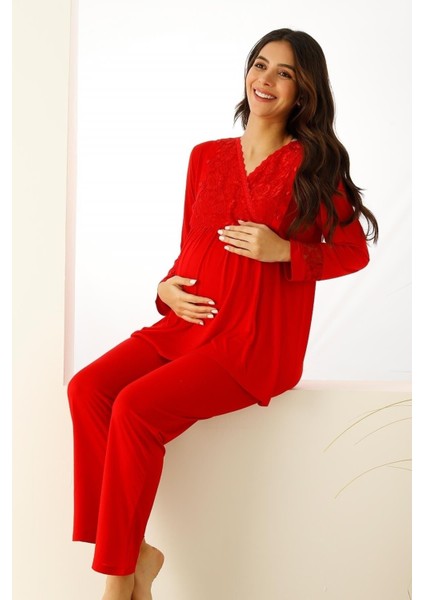 Regular Kırmızı Dantelli Hamile Lohusa Pijama Takımı 2727UY Klasik Uzun Kırmızı Uzun Type 1 Düz Vis modelleri