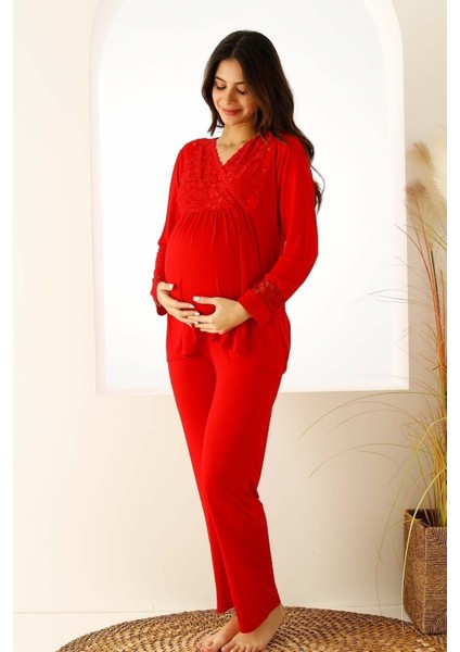 Regular Kırmızı Dantelli Hamile Lohusa Pijama Takımı 2727UY Klasik Uzun Kırmızı Uzun Type 1 Düz Vis fırsatları
