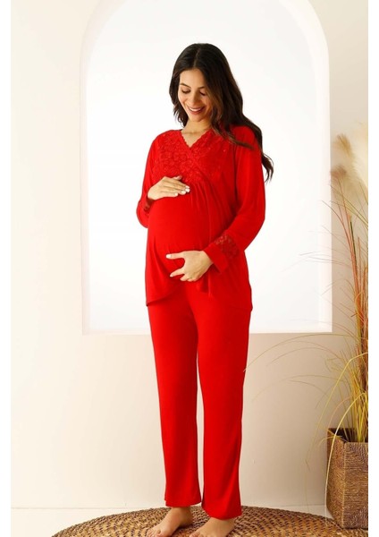 Regular Kırmızı Dantelli Hamile Lohusa Pijama Takımı 2727UY Klasik Uzun Kırmızı Uzun Type 1 Düz Vis indirimleri