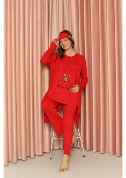 Uzun Hamile Pijama Takım Relaxed Boru Paça Kırmızı Uzun Dokuma Baskılı Bisiklet Yaka Type 1 Lounge/