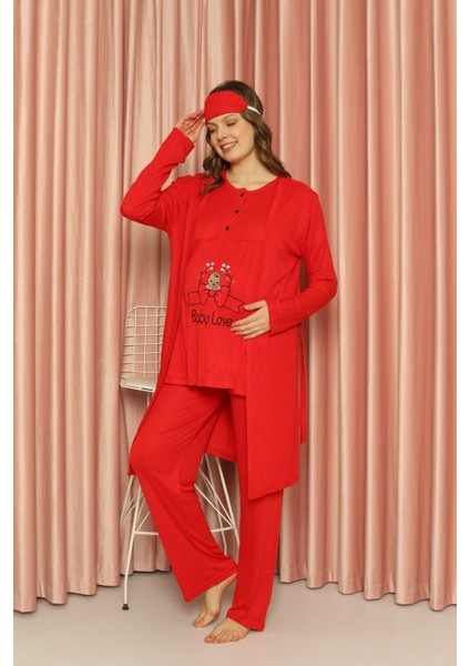 Uzun Hamile Pijama Takım Relaxed Boru Paça Kırmızı Uzun Dokuma Baskılı Bisiklet Yaka Type 1 Lounge/ fiyatları