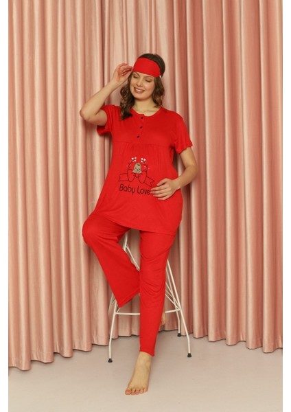 Uzun Hamile Pijama Takım Relaxed Boru Paça Kırmızı Uzun Dokuma Baskılı Bisiklet Yaka Type 1 Lounge/ modelleri