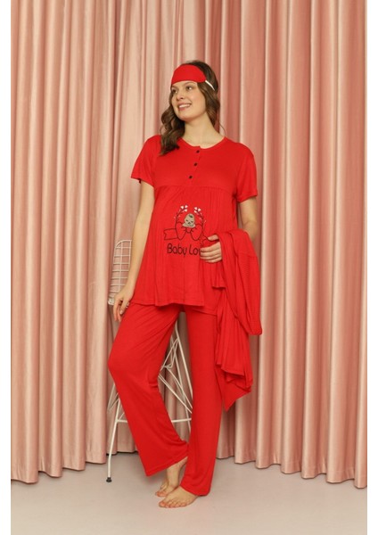Uzun Hamile Pijama Takım Relaxed Boru Paça Kırmızı Uzun Dokuma Baskılı Bisiklet Yaka Type 1 Lounge/ fırsatları