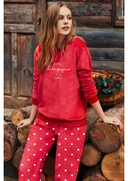 Kırmızı Kadın Süper Soft Pijama Takımı Polyester 100% Polyester Uzun Kol Düz Uzun Homewear Düz Basi
