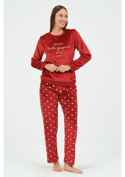 Kırmızı Kadın Süper Soft Pijama Takımı Polyester 100% Polyester Uzun Kol Düz Uzun Homewear Düz Basi