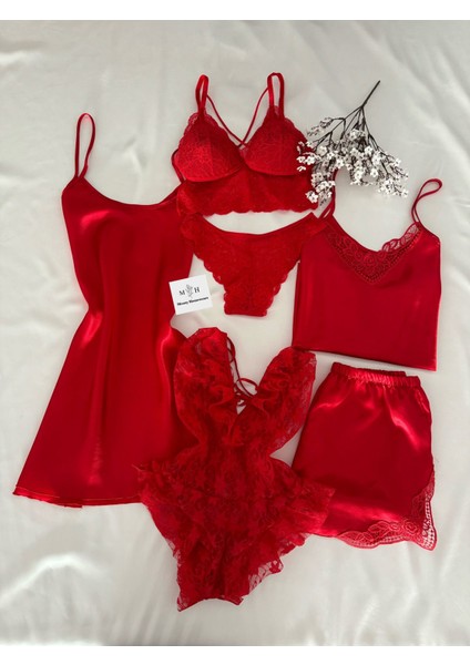 Homewear Kutulu Hotpointer Altılı Saten Pijama Gecelik Iç Giyim Çeyiz Seti Uzun Askılı Yaka Sexy Dü