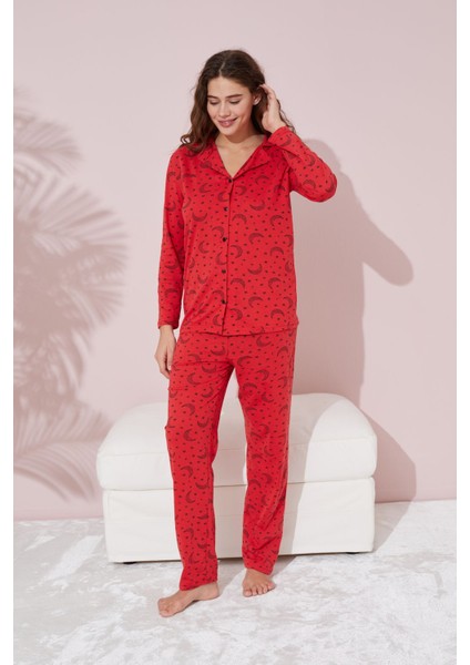 Basic Kırmızı Ay Desenli Pamuklu Düğmeli Pijama Takımı Düz T09 Standart Tüm Yaş Grupları Normal Bel