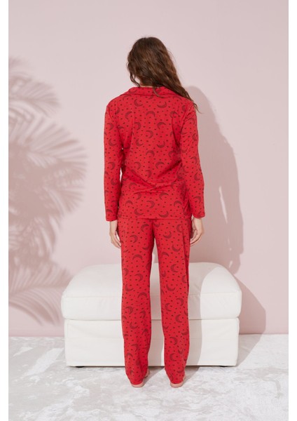 Basic Kırmızı Ay Desenli Pamuklu Düğmeli Pijama Takımı Düz T09 Standart Tüm Yaş Grupları Normal Bel
