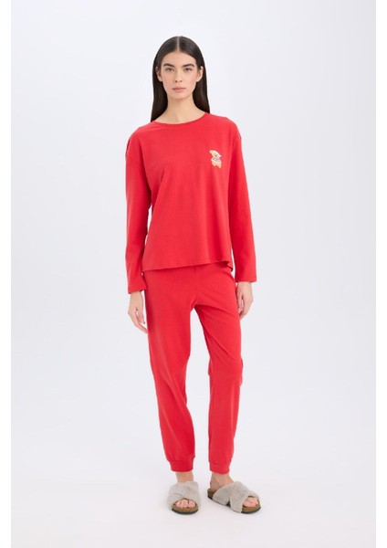 Düz Fall In Love Yılbaşı Temalı Pijama Takımı Uzun Kollu Üst Esnek Belli Uzun Alt D2290AX24WN Kırmı