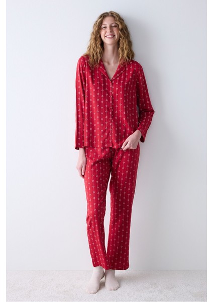2 Parça Bloom Kırmızı Düğmeli Gömlek Pantolon Pijama Takımı Uzun Düğmeli Hayır Uzun Kol Homewear Dü