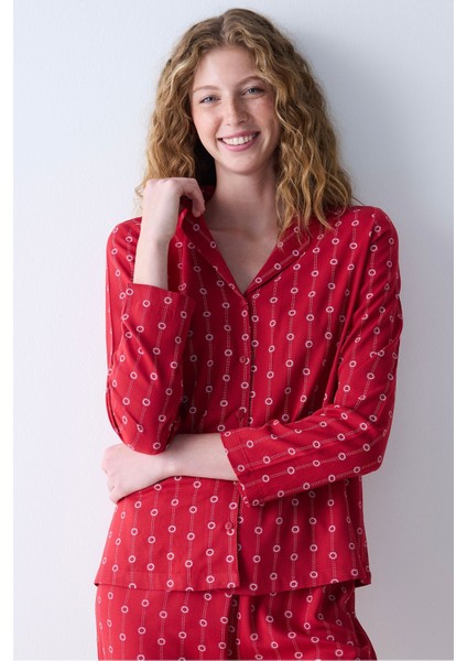 2 Parça Bloom Kırmızı Düğmeli Gömlek Pantolon Pijama Takımı Uzun Düğmeli Hayır Uzun Kol Homewear Dü