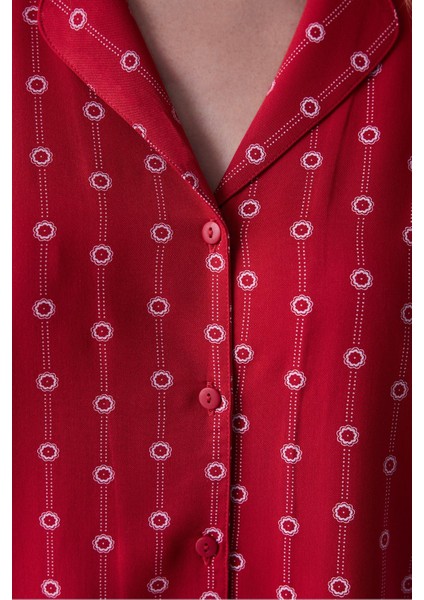 2 Parça Bloom Kırmızı Düğmeli Gömlek Pantolon Pijama Takımı Uzun Düğmeli Hayır Uzun Kol Homewear Dü