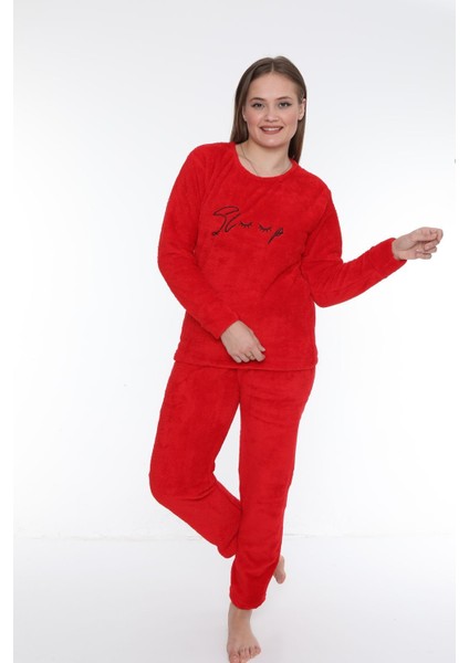 Uzun Wellsoft Kalın Kışlık Polar Kadın Pijama Takımı Normal Bel Kırmızı Uzun Sweatshirt-Pantolon Ho