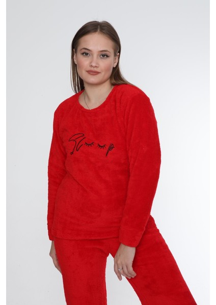 Uzun Wellsoft Kalın Kışlık Polar Kadın Pijama Takımı Normal Bel Kırmızı Uzun Sweatshirt-Pantolon Ho modelleri