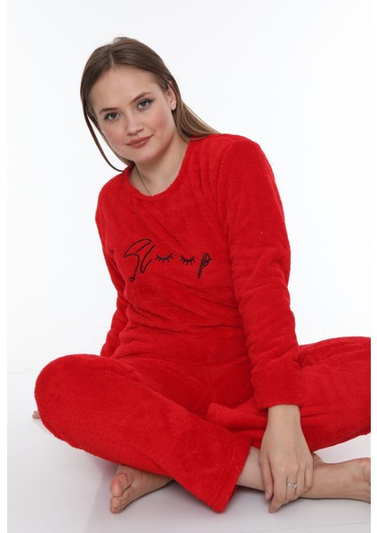Uzun Wellsoft Kalın Kışlık Polar Kadın Pijama Takımı Normal Bel Kırmızı Uzun Sweatshirt-Pantolon Ho fırsatları
