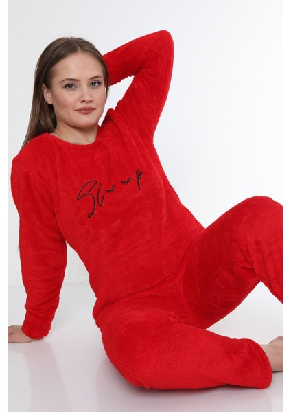 Uzun Wellsoft Kalın Kışlık Polar Kadın Pijama Takımı Normal Bel Kırmızı Uzun Sweatshirt-Pantolon Ho indirimleri